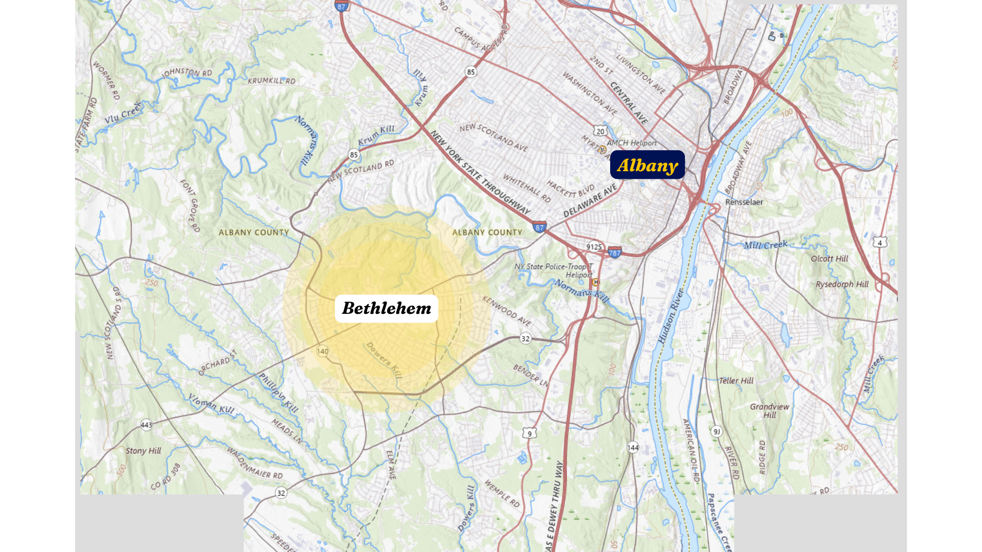 Map showing Bethlehem southwest of Albany
